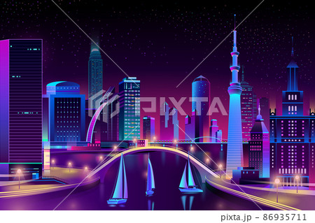 Vector neon megapolis on water, yacht regatta Vector neon megapolis on water, yacht regatta 86935711