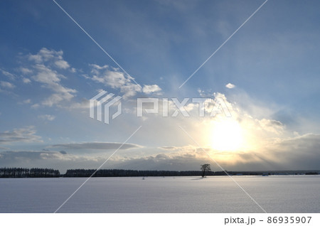 夕暮れの北海道冬景色 86935907