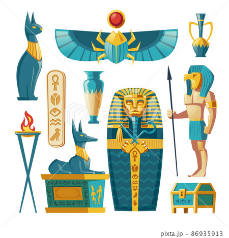 Vector cartoon Egyptian set - pharaoh sarcophagus, gods. 86935913