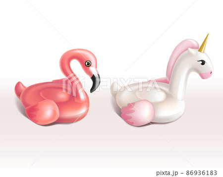 Vector 3d realistic swim rings - flamingo, unicorn Vector 3d realistic swim rings - flamingo, unicorn 86936183