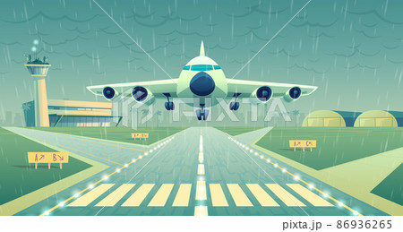 Vector cartoon white airliner, jet over runway 86936265