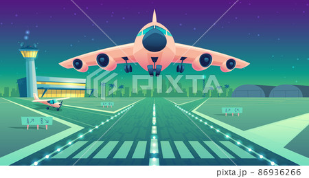 Vector cartoon white airliner, jet over runway 86936266