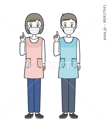 マスクをして指をさす若い保育士の男女セットのイラスト素材 86937041