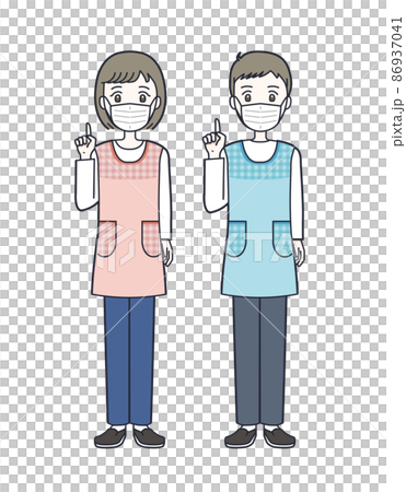 マスクをして指をさす若い保育士の男女セットのイラスト素材 86937041