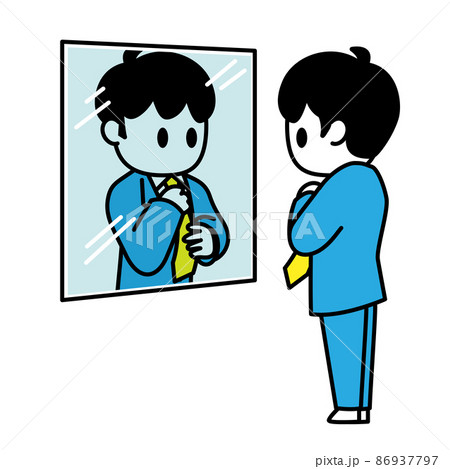 男性 サラリーマン 鏡 身だしなみ 全身 イラストのイラスト素材