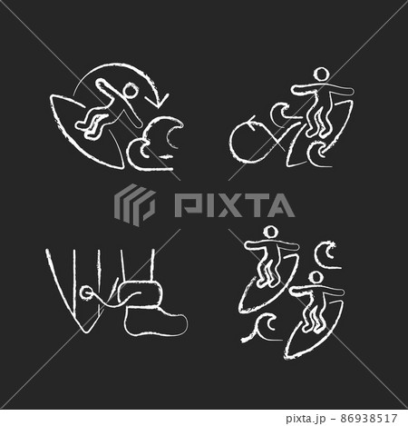 Extreme water sport linear icons set. 360 surfing maneuver