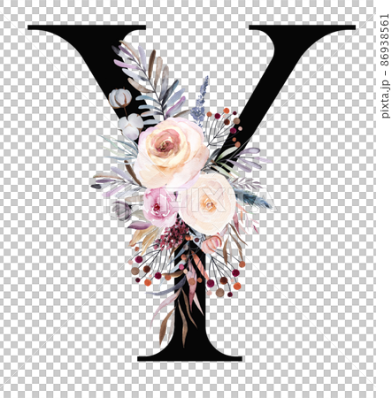 Letter Y decorated with watercolor winter bouquet made of pastel flowers and leaves. Floral alphabet 86938561