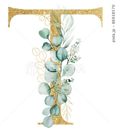 Golden letter T decorated with green Watercolor eucalyptus branches and leaves isolated Golden letter T decorated with green Watercolor eucalyptus branches and leaves isolated 86938570