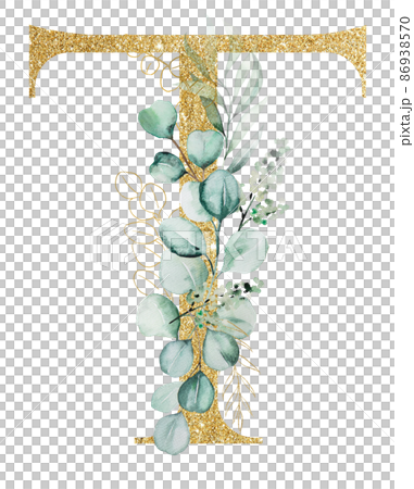 Golden letter T decorated with green Watercolor eucalyptus branches and leaves isolated Golden letter T decorated with green Watercolor eucalyptus branches and leaves isolated 86938570