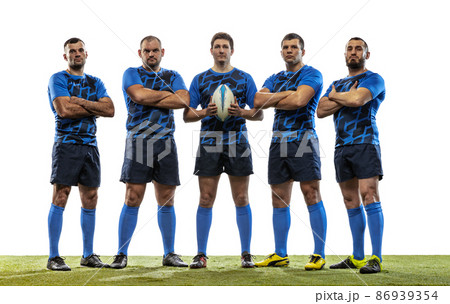 Group portrait of strong athletes, rugby players standing together like team isolated on white background. Sport, activity, health, hobby, occupations concept Group portrait of strong athletes, rugby players standing together like team isolated on white background. Sport, activity, health, hobby, occupations concept 86939354