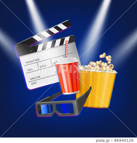 Cinema clapper, popcorn, 3d glasses and drink. Cinema clapper, popcorn, 3d glasses and drink. 86940126