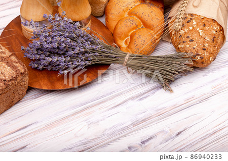 Composition with tasty lavender baking on wooden table. Lavender Composition with tasty lavender baking on wooden table. Lavender 86940233