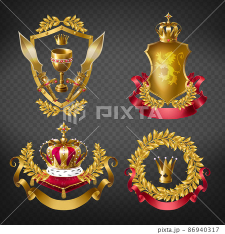 Heraldic royal emblems with golden monarch crowns 86940317