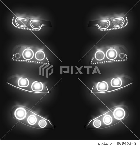 Glowing car headlights 3d realistic vector set Glowing car headlights 3d realistic vector set 86940348
