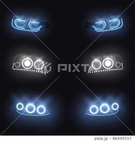 Modern car glowing headlights vector set Modern car glowing headlights vector set 86940357
