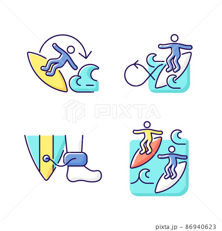 Extreme water sport linear icons set. 360 surfing maneuver