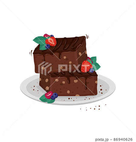 Sweet brownie dessert with flowing chocolate, nuts and berries. Delicious piece of cake, baking for birthday, party and holiday. Vector flat illustration 86940626