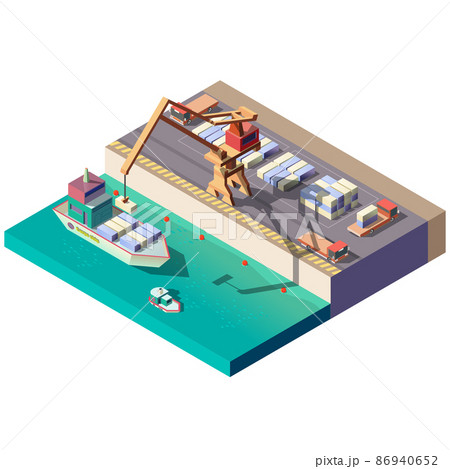 Cargo ship unloading in seaport isometric vector Cargo ship unloading in seaport isometric vector 86940652