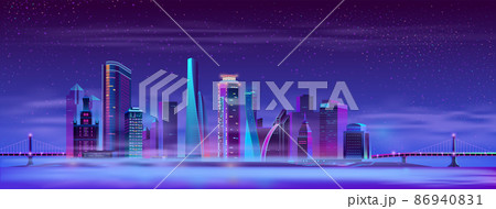 Vector misty megapolis between hinged bridges, island 86940831