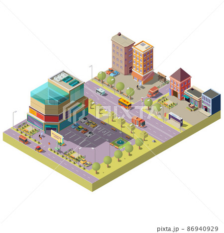 Vector isometric city center with shopping mall 86940929
