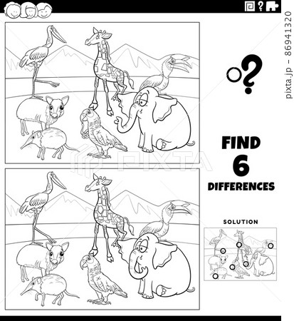 differences game with cartoon wild animals coloring book page differences game with cartoon wild animals coloring book page 86941320