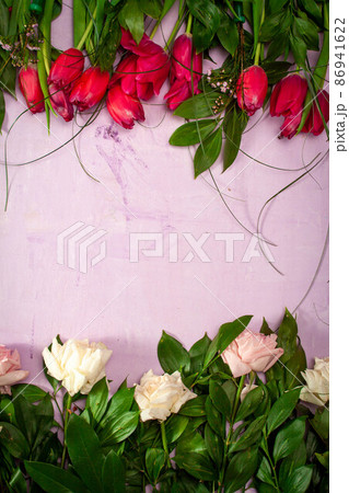Spring summer border template floral background. Light air delicate artistic image, free space. Spring summer border template floral background. Light air delicate artistic image, free space. 86941622