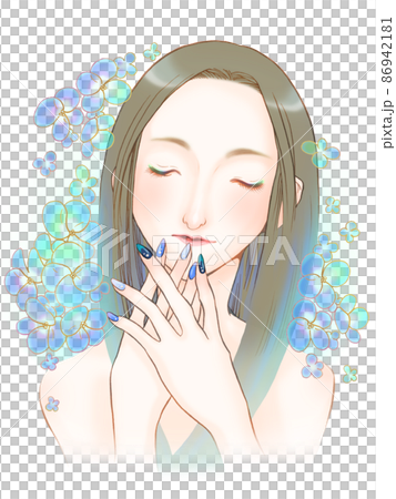 美容系イラスト ネイルアートされた手を重ねて微笑んでいる長髪の女性の正面顔と青い紫陽花 のイラスト素材 美容系イラスト ネイルアートされた手を重ねて微笑んでいる長髪の女性の正面顔と青い紫陽花 のイラスト素材