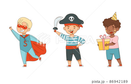 Cheerful Boy in Masquerade Costume and with Face Painting Engaged in Festive Celebration Vector Illustration Set 86942189