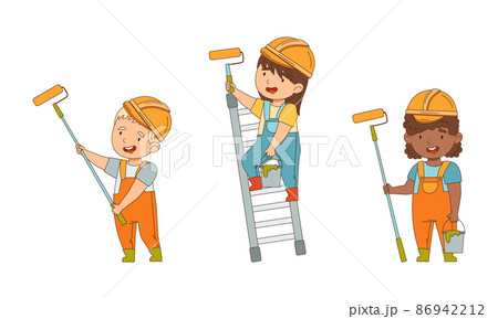 Little Boy and Girl Builder Wearing Hard Hat and Overall with Paint Roller on Ladder Vector Set Little Boy and Girl Builder Wearing Hard Hat and Overall with Paint Roller on Ladder Vector Set 86942212