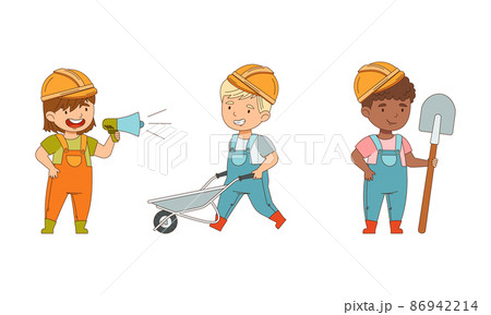 Little Boy and Girl Builder Wearing Hard Hat and Overall Pushing Wheelbarrow and Holding Shovel Vector Set 86942214