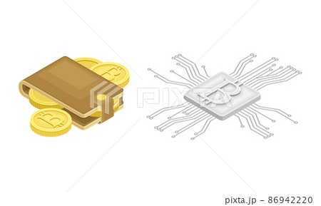 Blockchain Technology with Bitcoin Microcircuit Connection and Wallet Isometric Vector Illustration Set Blockchain Technology with Bitcoin Microcircuit Connection and Wallet Isometric Vector Illustration Set 86942220