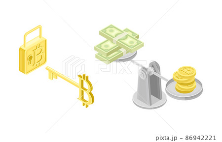 Blockchain Technology with Scales Weighing Bitcoin Gold Coin and Dollar Banknote and Lock with Key Isometric Vector Set 86942221