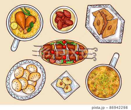 Oriental cuisine dishes cartoon vector set Oriental cuisine dishes cartoon vector set 86942298