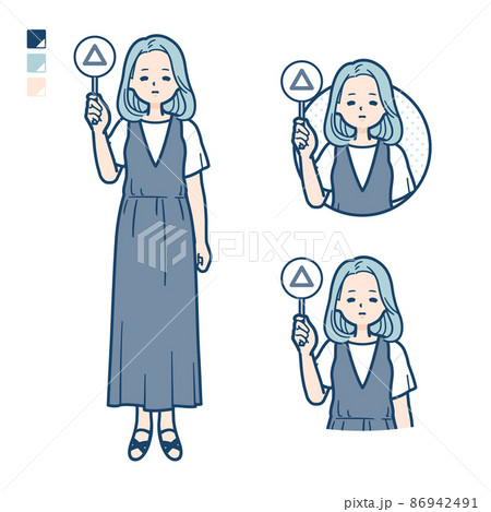 ノースリーブワンピースを着た若い女性が三角印パネルを出すイラスト 86942491