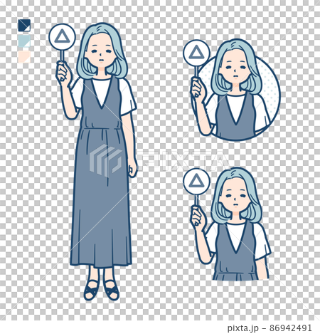 ノースリーブワンピースを着た若い女性が三角印パネルを出すイラスト 86942491