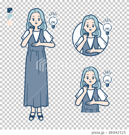 ノースリーブワンピースを着た若い女性がアイデアを閃いたイラストのイラスト素材