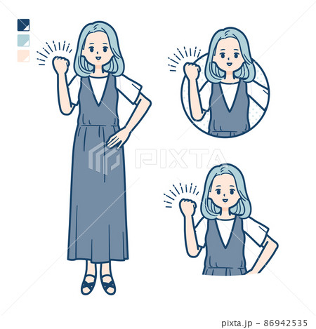 ノースリーブワンピースを着た若い女性がガッツポーズをしているイラストのイラスト素材
