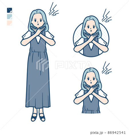 ノースリーブワンピースを着た若い女性が腕でばってんを作っているイラストのイラスト素材