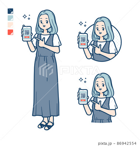 ノースリーブワンピースを着た若い女性がスマートフォンでキャッシュレス決済しているイラスト 86942554