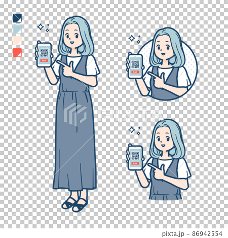 ノースリーブワンピースを着た若い女性がスマートフォンでキャッシュレス決済しているイラスト 86942554