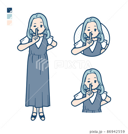 ノースリーブワンピースを着た若い女性が指でシーとしているイラスト 86942559
