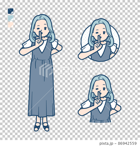 ノースリーブワンピースを着た若い女性が指でシーとしているイラスト 86942559