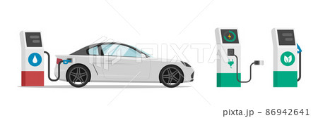 Gas fuel petrol station refuelling car vector isolated and alternative electric and bio diesel auto organic charger tank pump flat cartoon illustration, gasoline petroleum and biodiesel on white 86942641