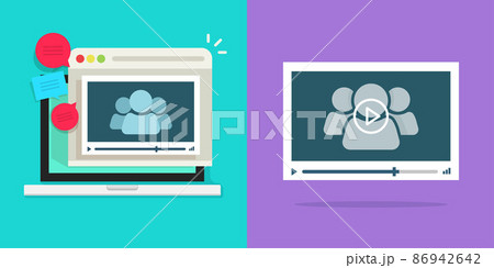 Video conference call watching online icon vector or digital virtual webinar meeting on laptop computer screen flat cartoon illustration, idea of distance remote study or learning, live interview 86942642
