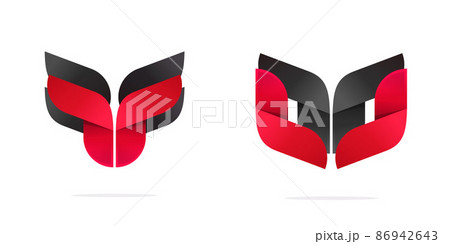 Abstract dragon creative logo and eagle or owl animal eyes bird face geometric sign vector or modern technology robot insect head logotype design red black color, bold and strong transformer symbol 86942643