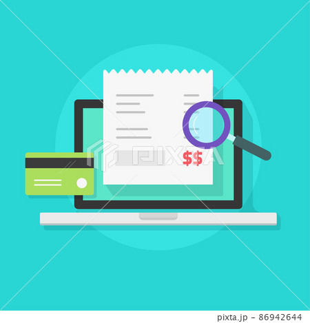 Tax accounting on laptop vector icon or online computer receipt invoice as payment check and review of electronic payroll flat cartoon illustration, electronic digital pay audit analysis via magnifier Tax accounting on laptop vector icon or online computer receipt invoice as payment check and review of electronic payroll flat cartoon illustration, electronic digital pay audit analysis via magnifier 86942644