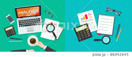 Financial analysis audit report on accountant person man work desk top view vector or office manager analysing and planning budget data flat lay illustration, business quality review and check Financial analysis audit report on accountant person man work desk top view vector or office manager analysing and planning budget data flat lay illustration, business quality review and check 86942645