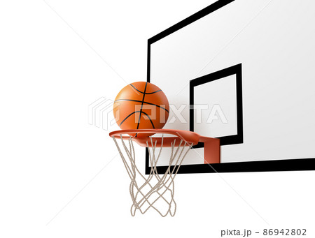Basketball ball falling into ring net at backboard 86942802