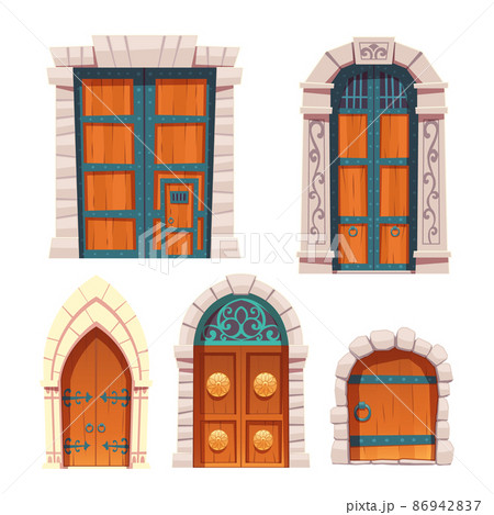Doors set, wooden and stone medieval entries. Doors set, wooden and stone medieval entries. 86942837