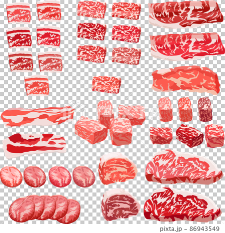 烤肉部分矢量的牛肉和牛排的插圖集 烤肉部分矢量的牛肉和牛排的插圖集 86943549